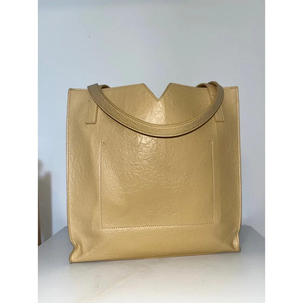 PIXIE MOOD Alicia Tote Bag Vegan Leather Geometric V Cut Soft Yellow Drop Handle